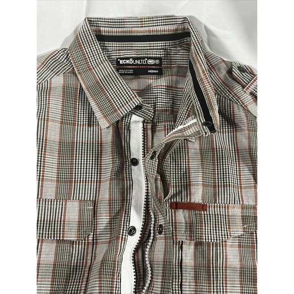 Ecko Unltd Shirt Men's‎ M Snap And Zipper Long Sleeve Brown Plaid - Picture 7 of 8